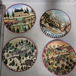 4 Vintage 1995 Block COUNTRY VILLAGE By GEAR Farmhouse pastoral scene Plates